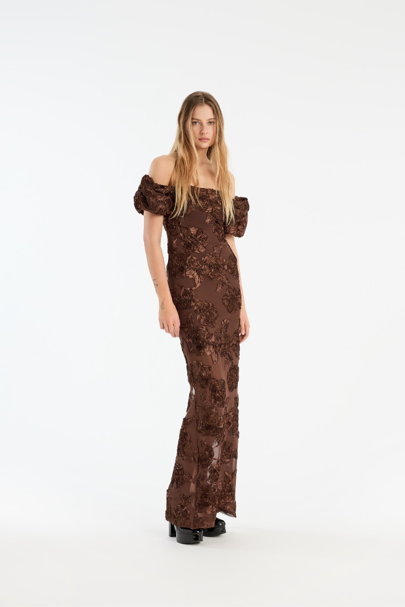 Flower Mesh Maxi Dress Dark Brown - ROTATE Birger Christensen