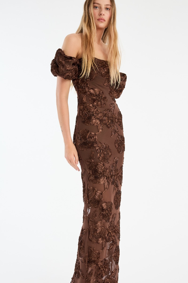dark brown floral dress Agnes Satin Maxi Dress, Brown Floral, Lined