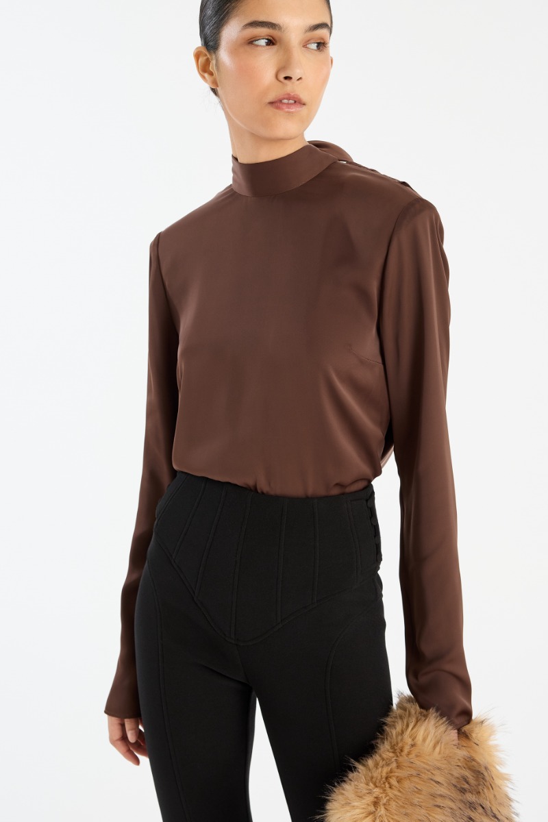 Satin Drapy Back Top Dark Brown - ROTATE Birger Christensen