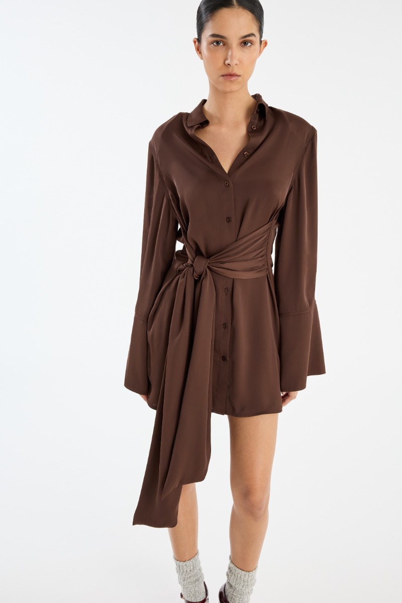 brown tie dress Taupe Button Front Maxi Dress with Tie Waist & Pockets main image 0