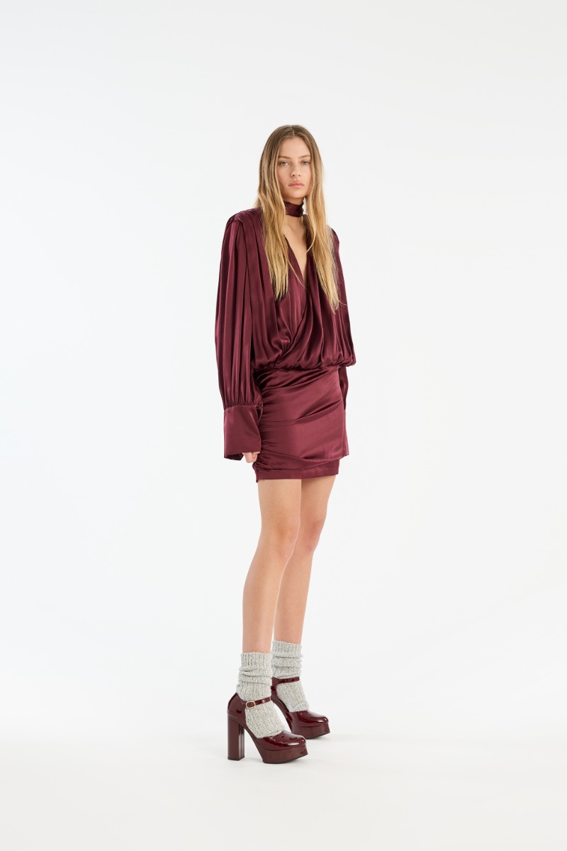 Ls Silk V-neck Dress Burgundy - ROTATE Birger Christensen