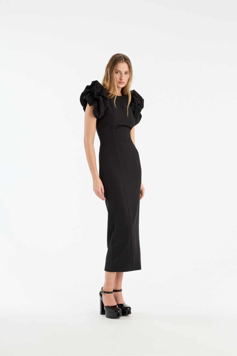 puff shoulder crepe midi dress Pleated 3/4 Sleeve Crepe Off Shoulder, Abby Off Shoulder Knit Midi Dress in Wine, Size L, For Cocktail Or Daytime Wedding Guest