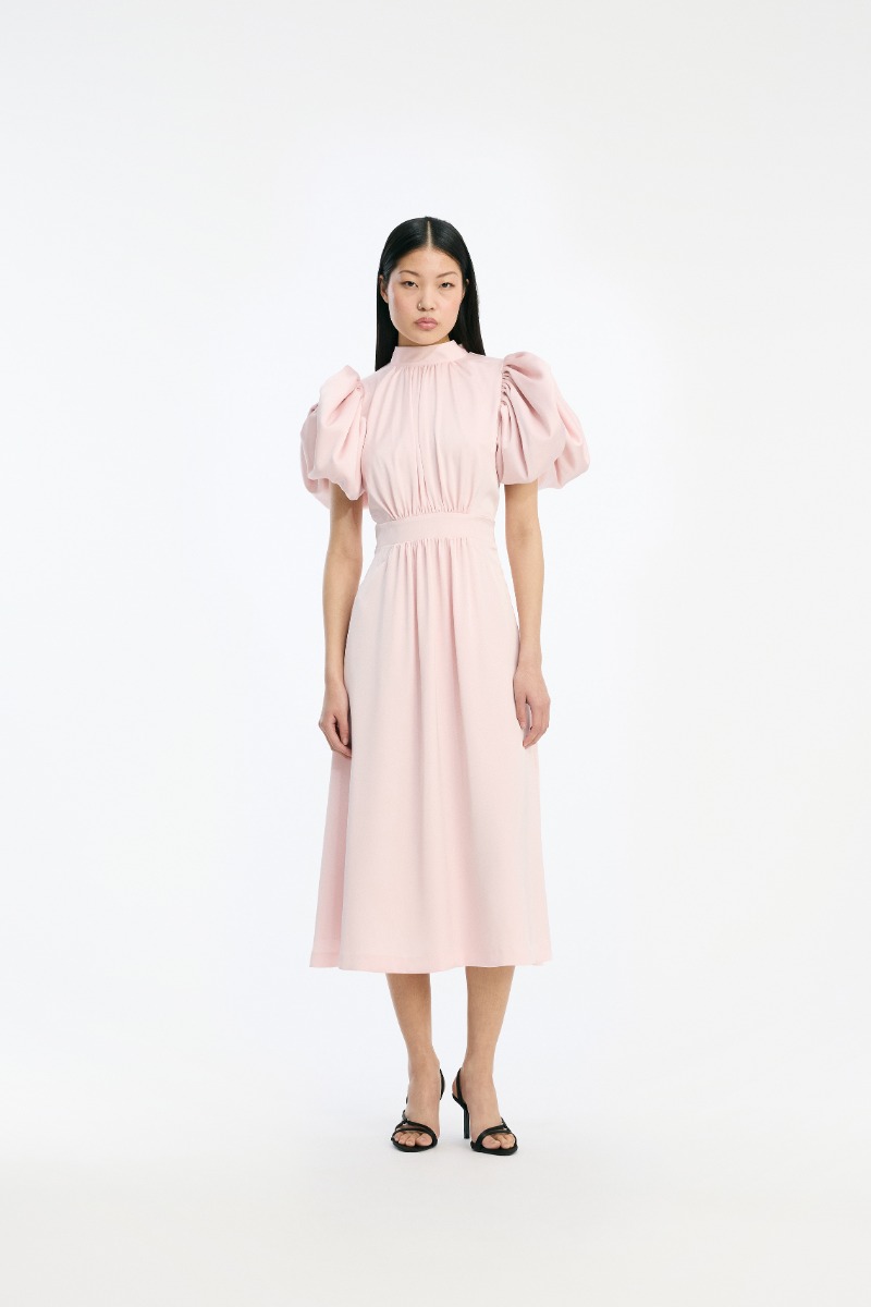 pink puff sleeve dress Sweetheart Puffed Sleeve Dress with Slit in Pink