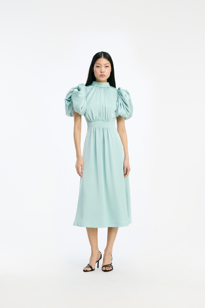 Satin Puff Midi Dress Dusty Blue - ROTATE Birger Christensen Satin Puff Midi Dress Dusty Blue - ROTATE Birger Christensen