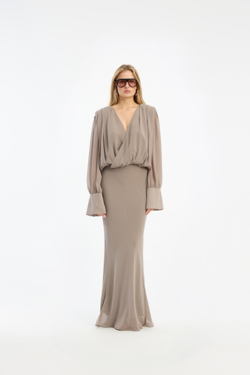 rotate chiffon maxi dress Chiffon Ls Maxi Dress Taupe