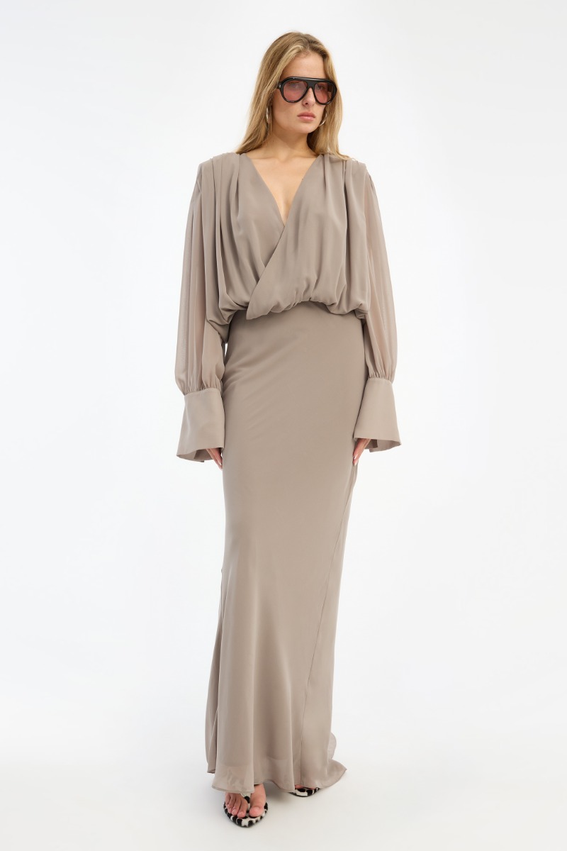 taupe chiffon maxi dress Chiffon Ls Maxi Dress Taupe