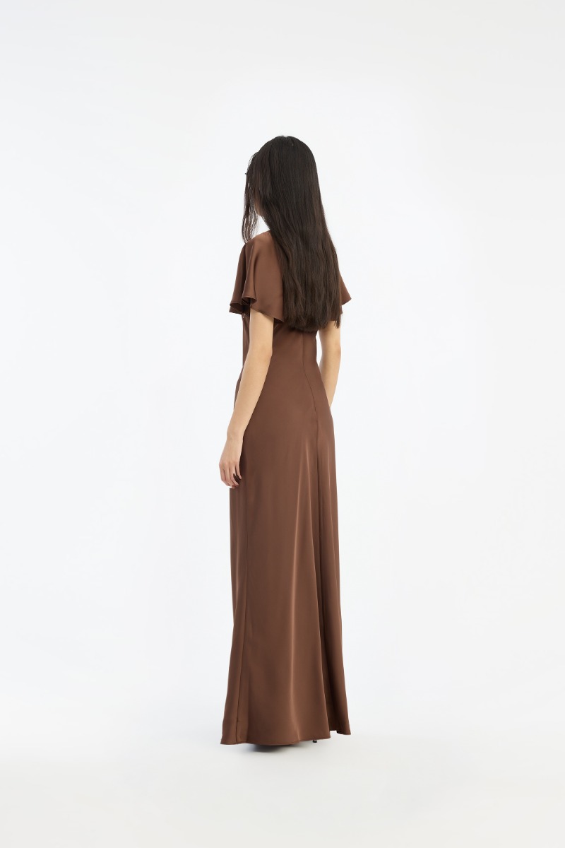 Satin Flowy Sleeve Dress Dark Brown