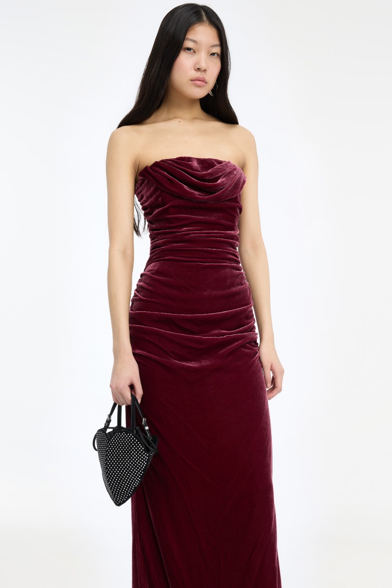 burgundy velvet ruched dress Silk Dark Red Designed with a V Fits small to size Dusty Blue Floral Shop Gown Length:56