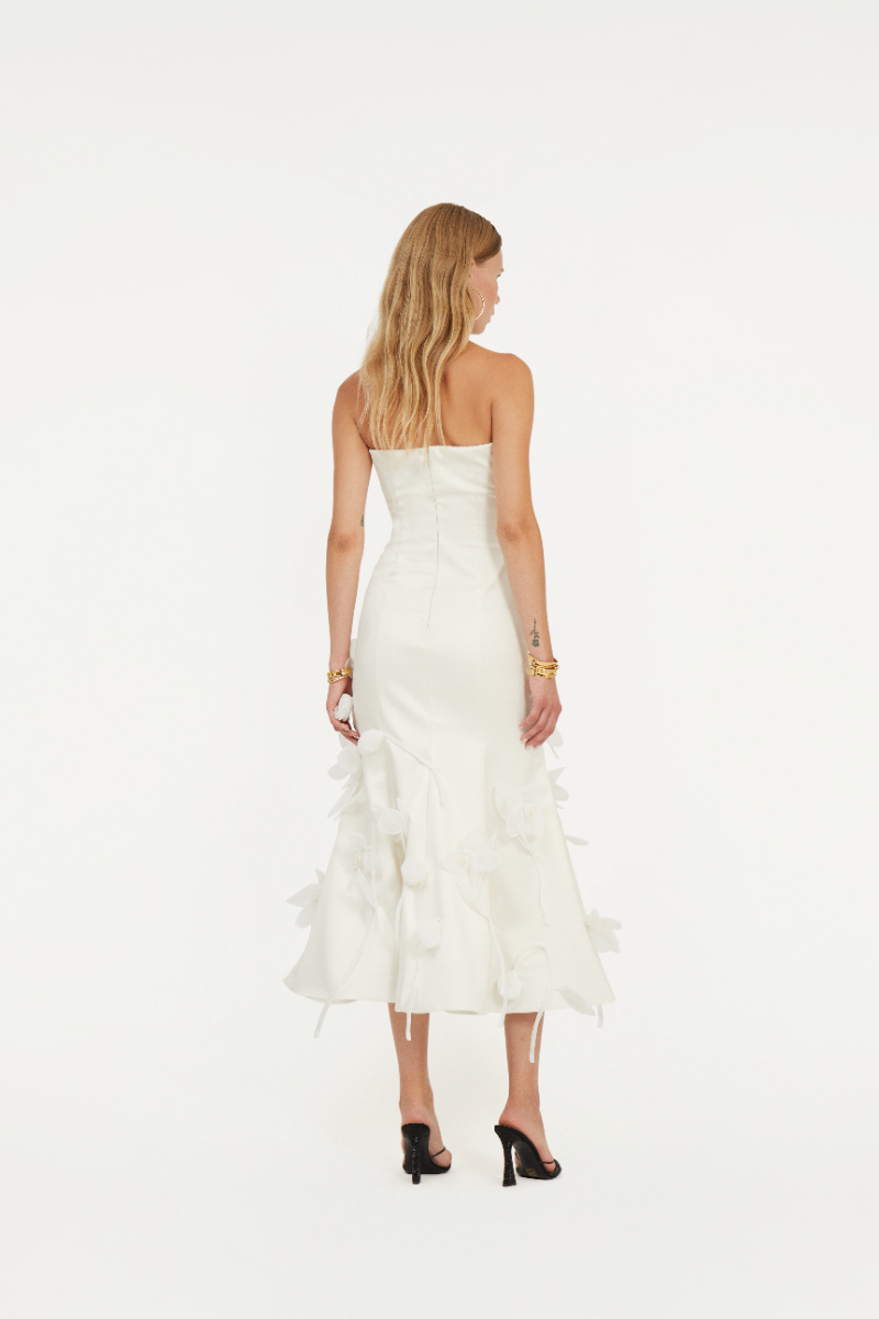 rotate strapless crepe midi dress Rotate By Birger Christensen 3d Flower Midi Dress