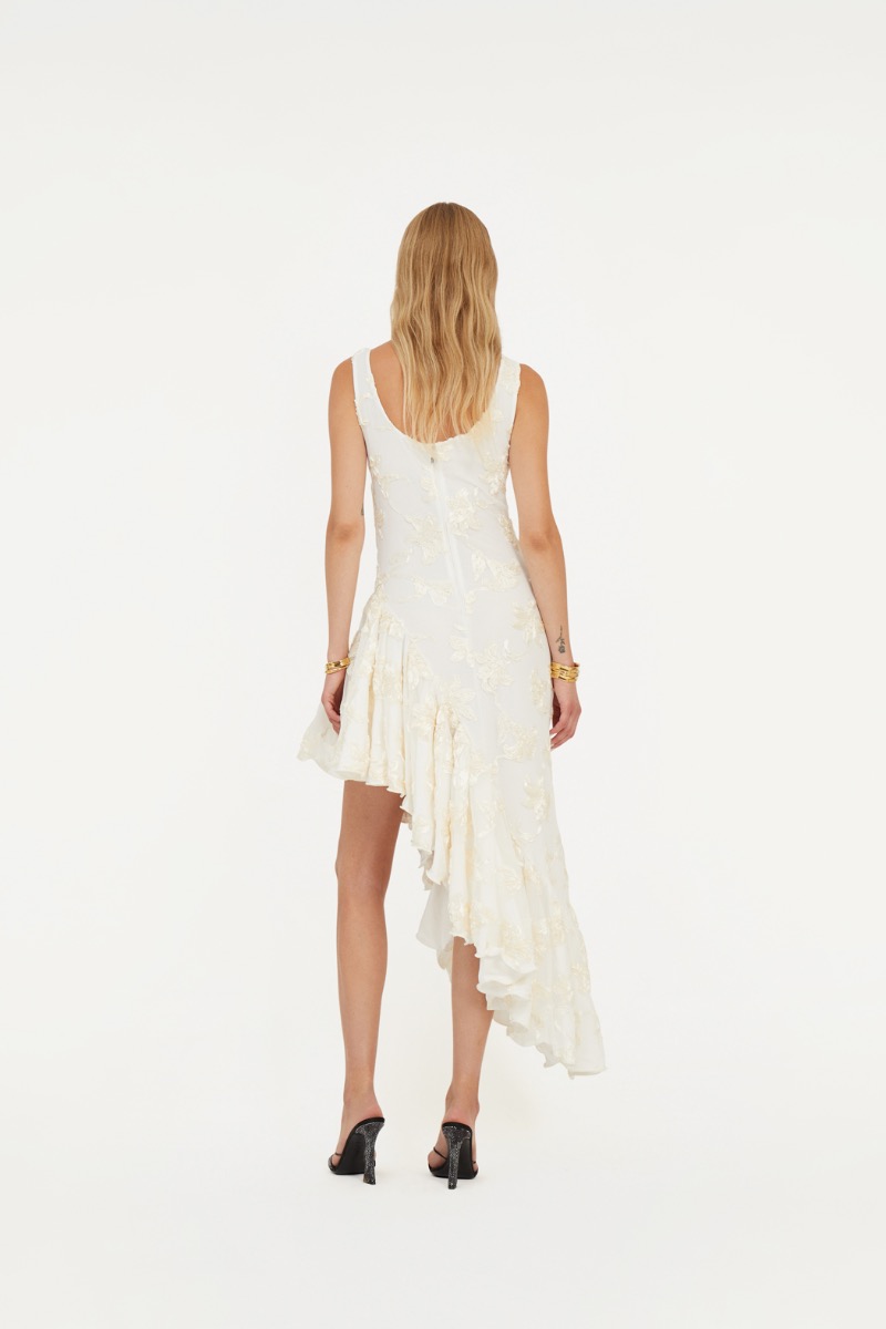 reinhart floral asymmetrical mesh dress white Hem Ruffle Midi quality mesh fabric Alice Floral Asymmetrical Maxi Dress