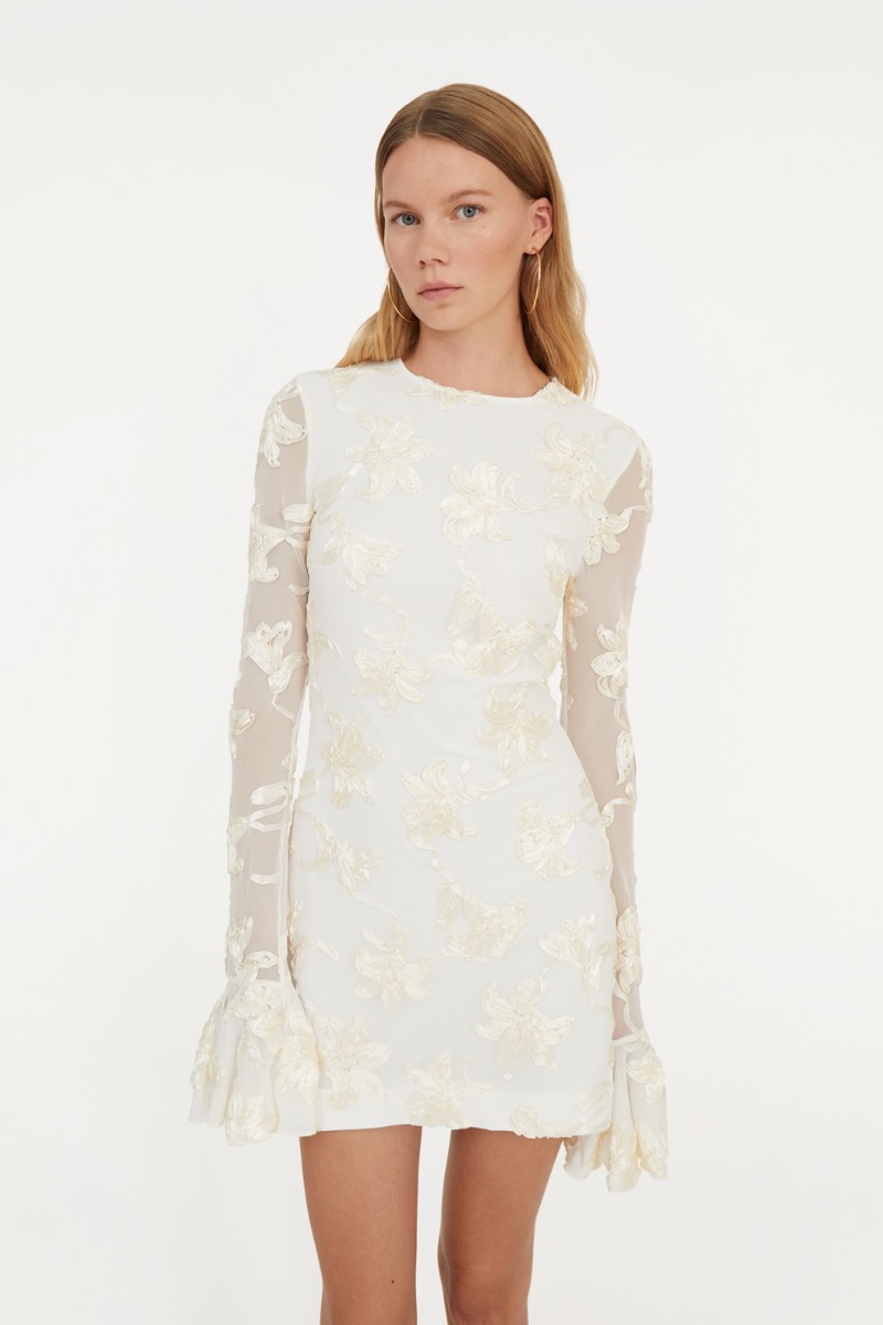 reinhart floral asymmetrical mesh dress white Esadora Lace Asymmetrical Mini Dress Black / Cream