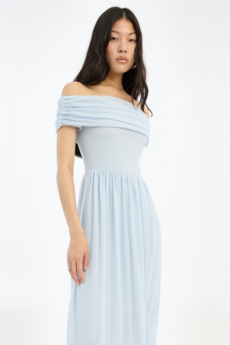 midi elegant navy blue dresses for wedding guests WEDTREND Women Light Blue Prom Dress Floral Print A-Line Off The Shoulder  Tiered Evening Party Dress main image 0