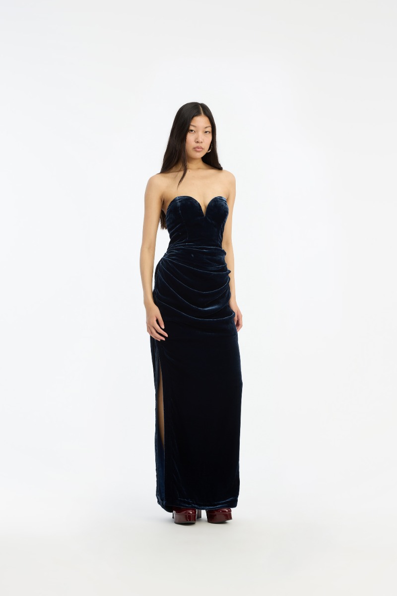 Silk Velvet Slit Dress Dark Blue - ROTATE Birger Christensen