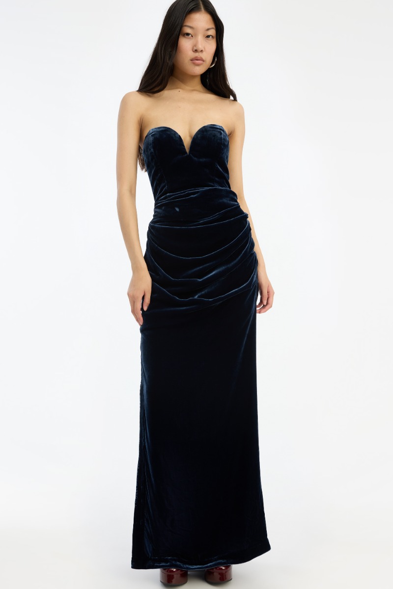 Silk Velvet Slit Dress Dark Blue - ROTATE Birger Christensen