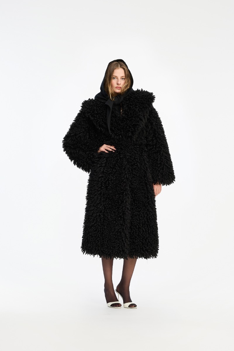 Faux Fur Belted Coat Black