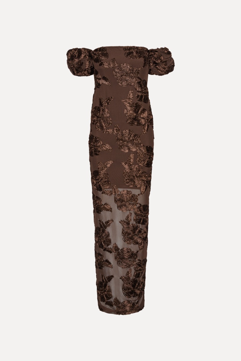 Flower Mesh Maxi Dress Dark Brown - ROTATE Birger Christensen Flower Mesh Maxi Dress Dark Brown - ROTATE Birger Christensen