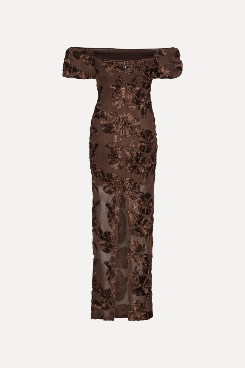 Flower Mesh Maxi Dress Dark Brown - ROTATE Birger Christensen Flower Mesh Maxi Dress Dark Brown - ROTATE Birger Christensen