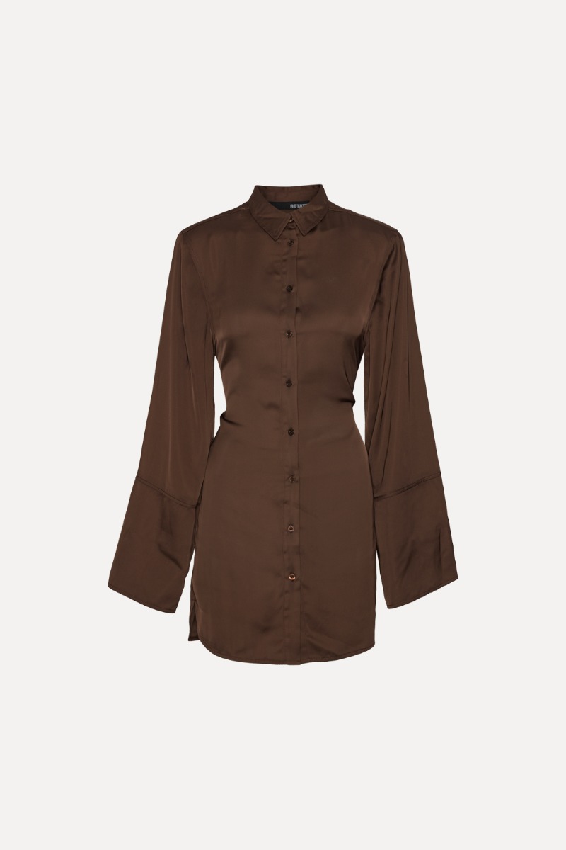 Satin Tie Shirt Dress Dark Brown - ROTATE Birger Christensen