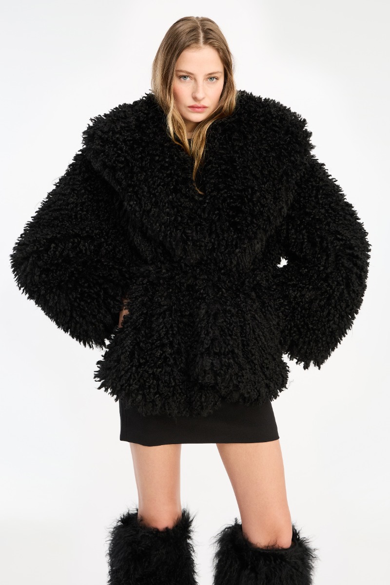 Faux Fur Belted Jacket Black - ROTATE Birger Christensen