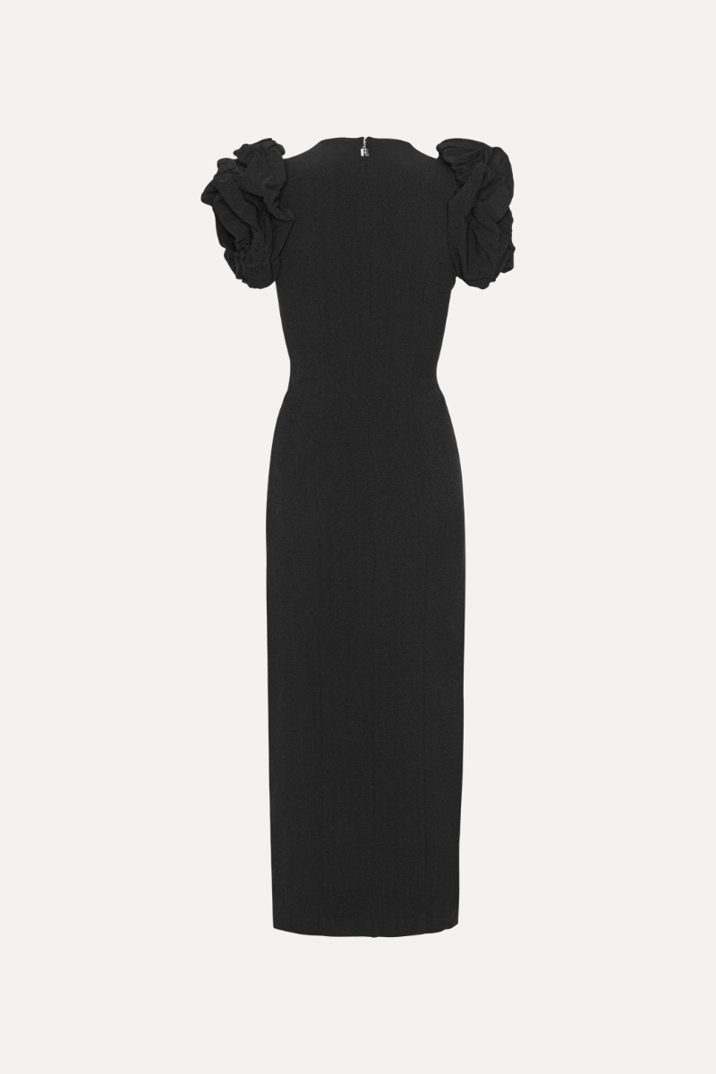 puff shoulder crepe midi dress Crepe Puffy Midi Dress Black