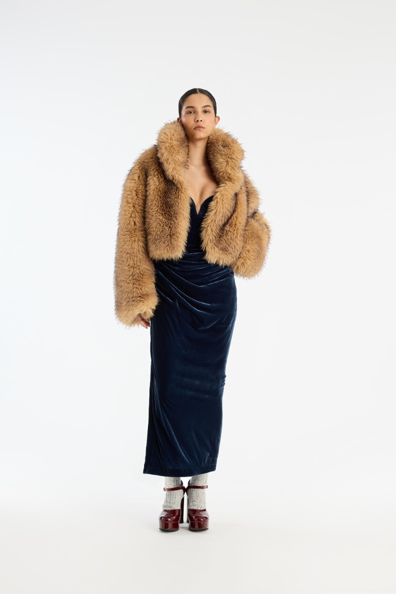 Faux Fur Crop Jacket Beige