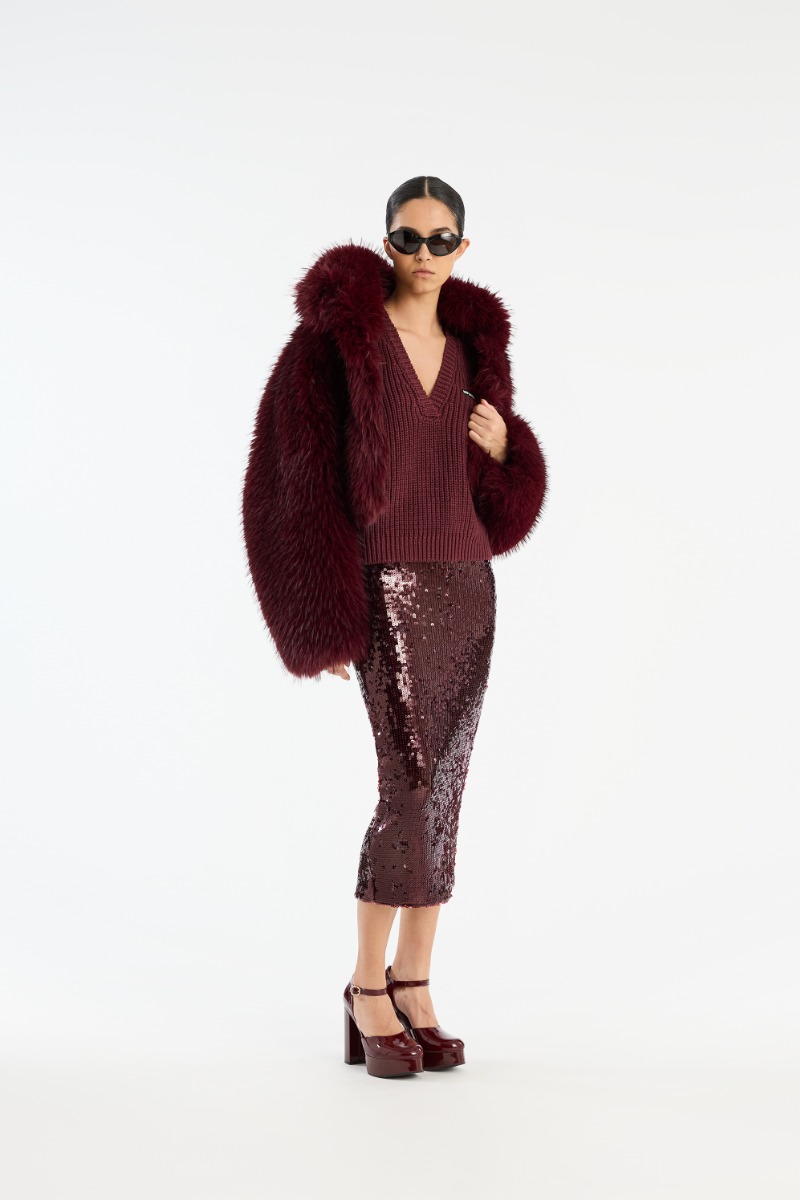 Faux Fur Crop Jacket Burgundy - ROTATE Birger Christensen