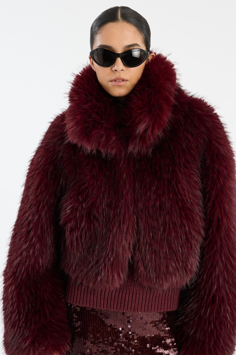 Faux Fur Crop Jacket Burgundy - ROTATE Birger Christensen