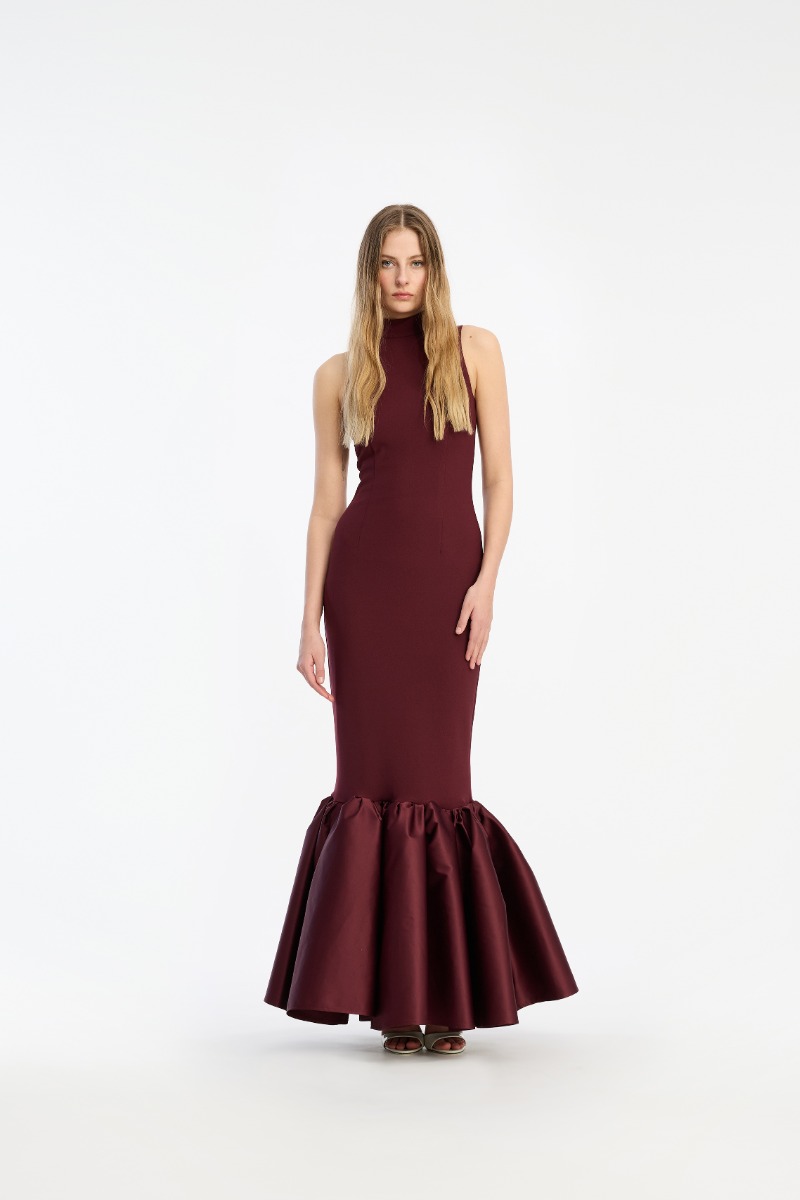 rotate burgundy dress Plus Appliques High Split Fishtail Evening Dress With Short Sleeves