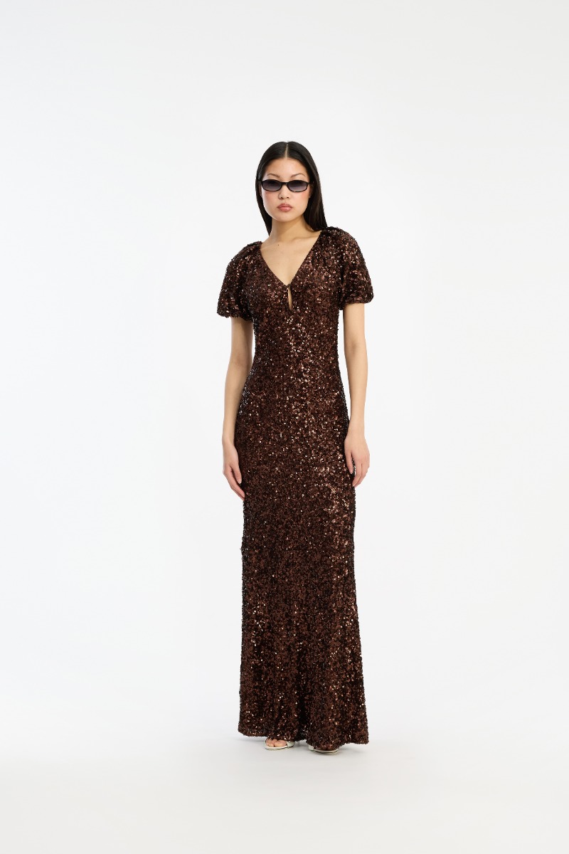 rotate brown sequin dress Sequins Midi V-neck Dark where the brown color