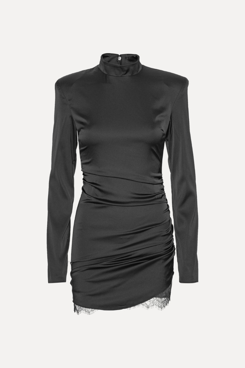 high neck ruched back satin mini dress Satin Ruched Mini Dress Black