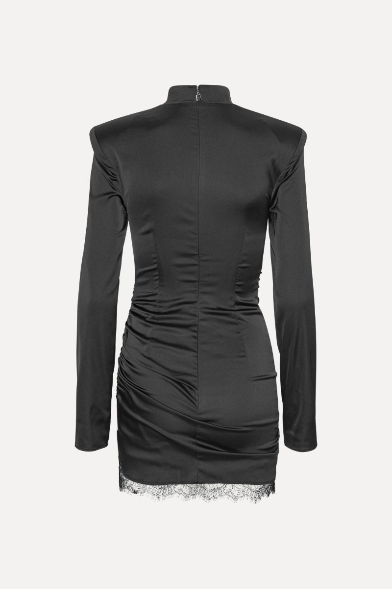 black satin ruched mini dress Giorgiana Black Satin Ruched Mini Dress