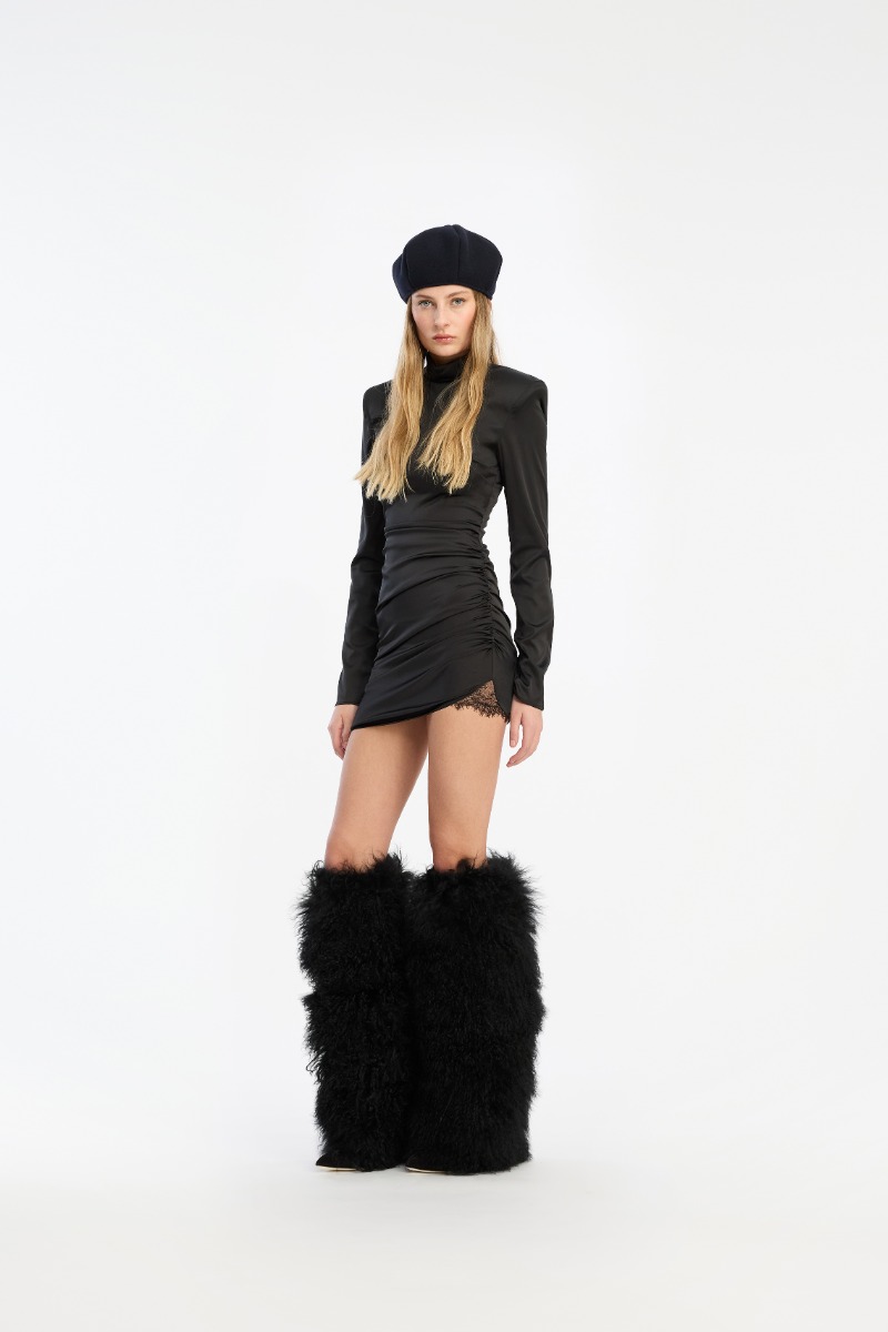 black satin ruched dress Jennifer Satin Ruched Dress (Black)