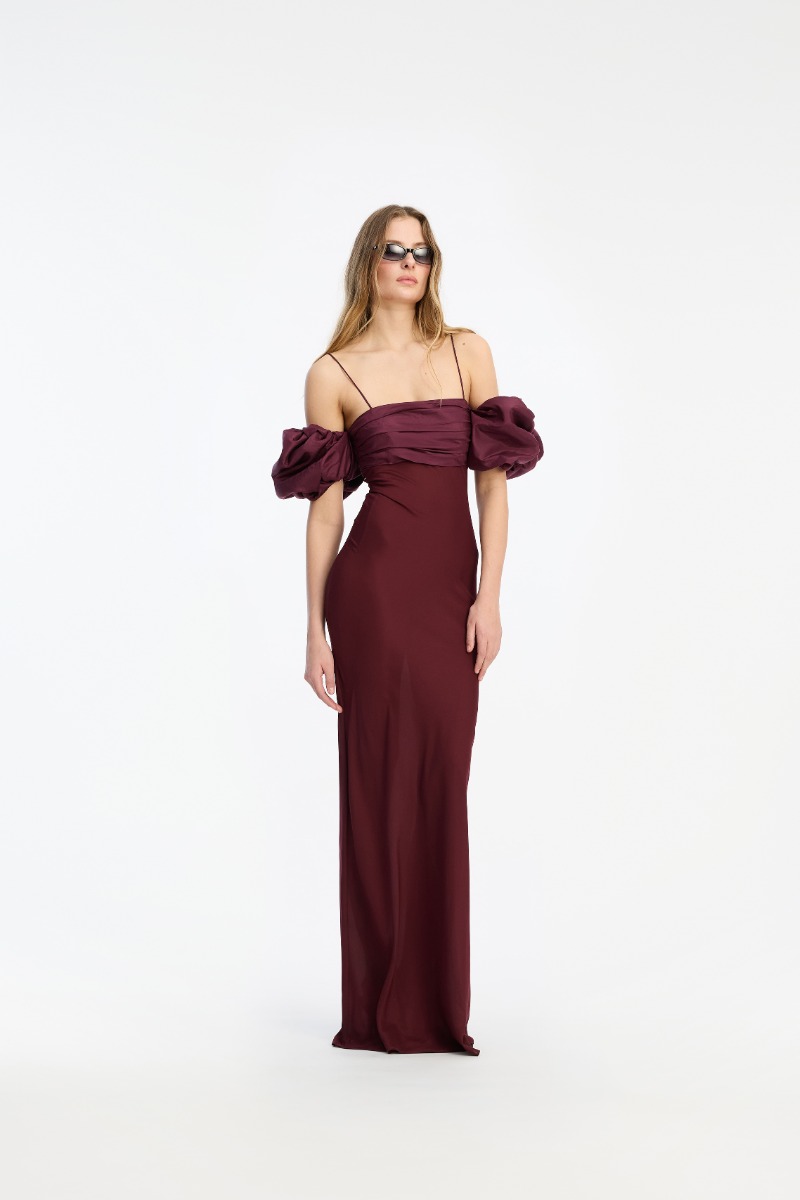 rotate burgundy dress Signe satin gown in burgundy - Rotate