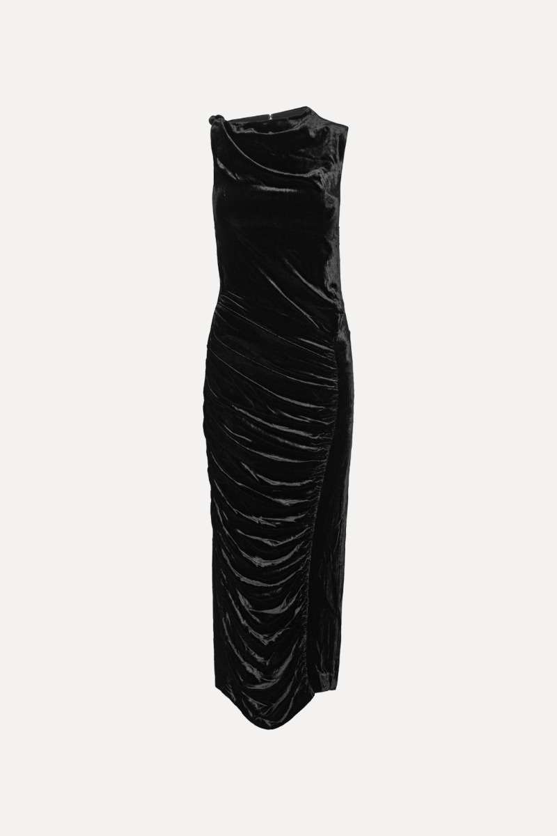 black velvet ruched midi dress Reiss Velvet Ruched Twist-Front Midi Dress in Black