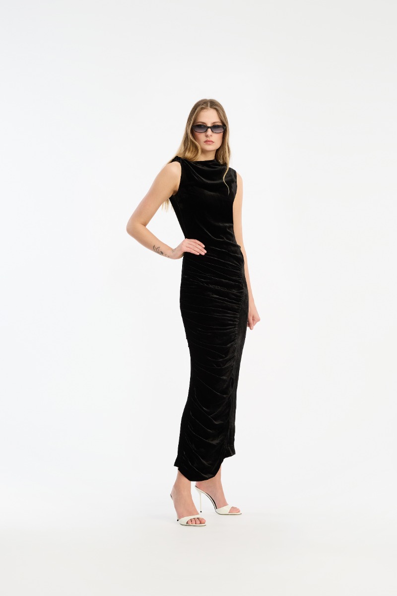 Velvet Ruched Midi Dress Black - ROTATE Birger Christensen Velvet Ruched Midi Dress Black - ROTATE Birger Christensen