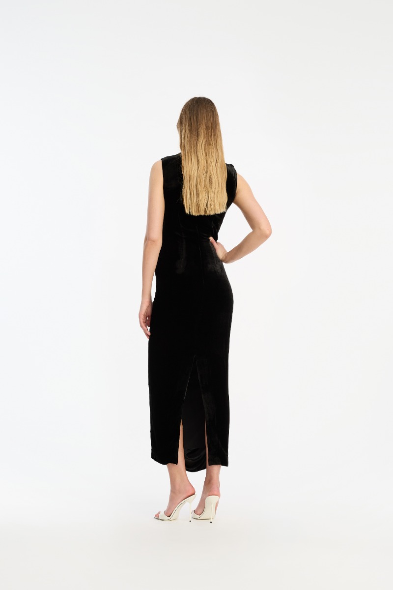 black mesh ruched velvet binded bardot midi dress Bardot Everlasting Velour Midi Dress in Black
