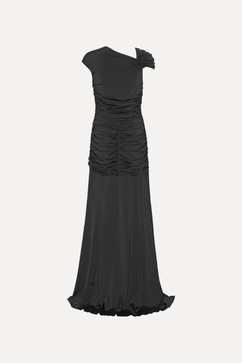 black ruched asymmetric maxi dress with drape Rubelle | Black Asymmetric-Neck Maxi Dress With Draped-Detailing