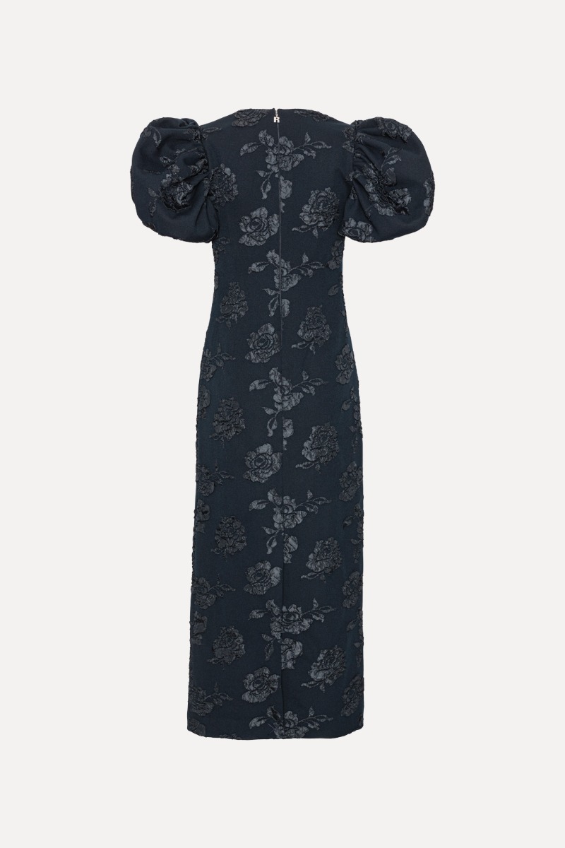 harlow jacquard corset puff sleeve midi dress in blue purple Lavish Alice Jacquard Corset Detail Puff Sleeve Midi Dress in Blue