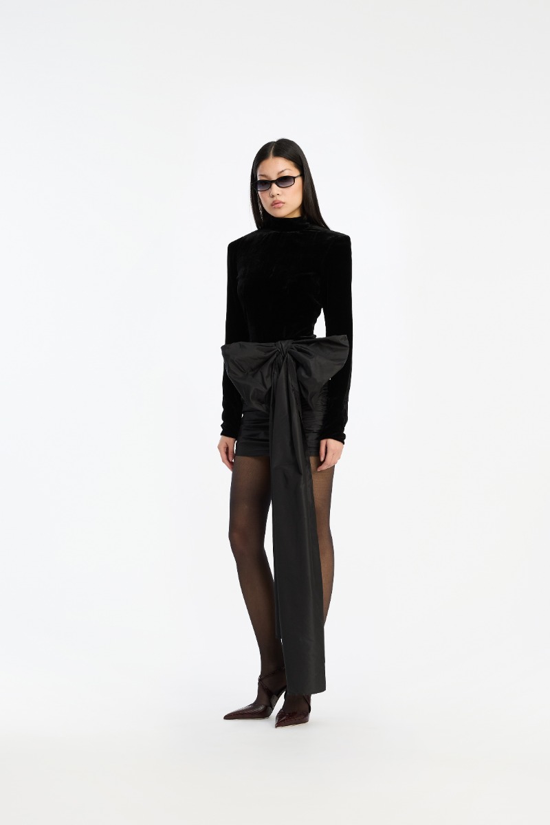 Velvet Bow Mini Dress Black - ROTATE Birger Christensen Velvet Bow Mini Dress Black - ROTATE Birger Christensen