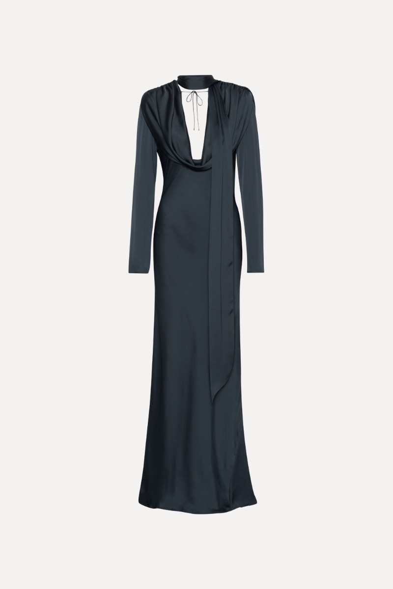 rotate birger christensen satin wrap maxi dress Satin Maxi Drapy Dress Dark Blue