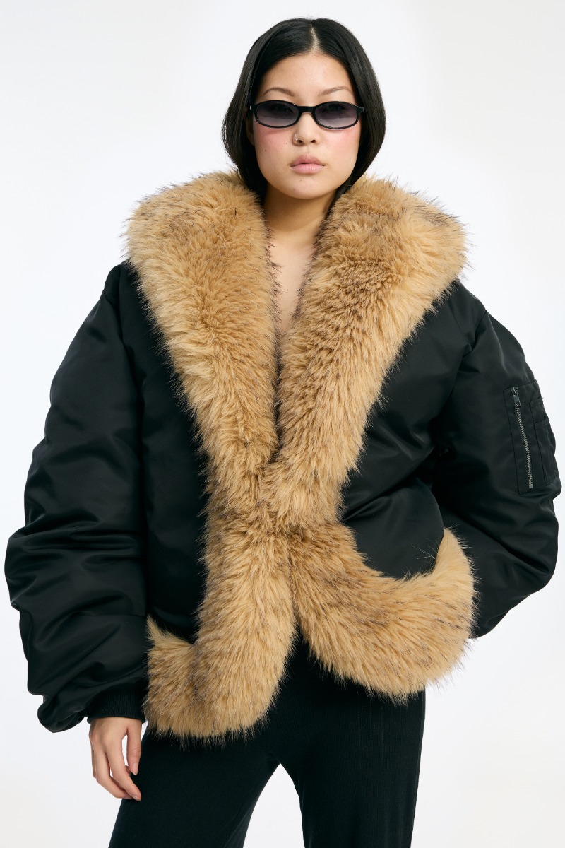 Faux Fur Collar Bomber Black - ROTATE Birger Christensen