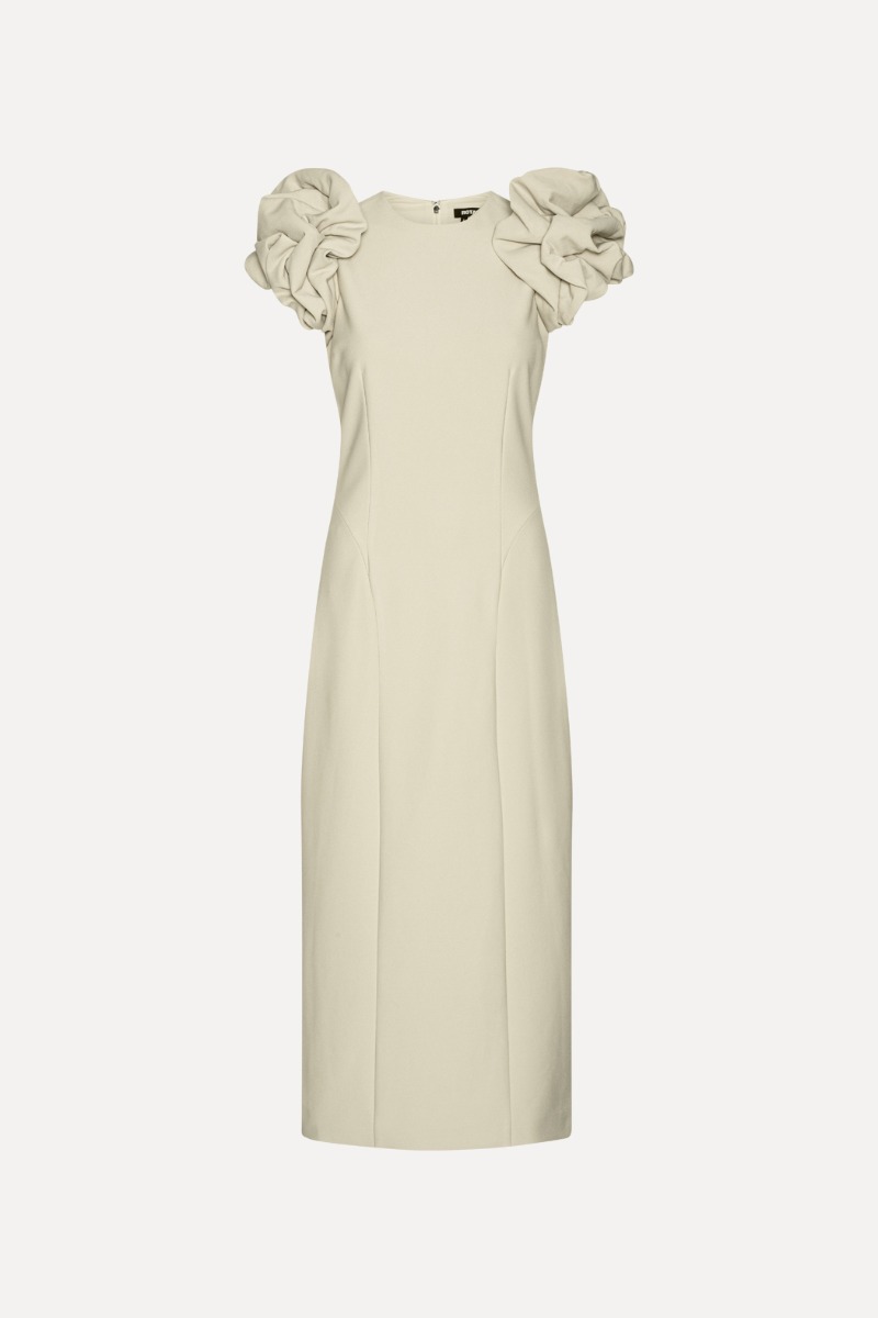 beige puffy dress Florence Pleated Puffy Sleeved Organza Midi Dress