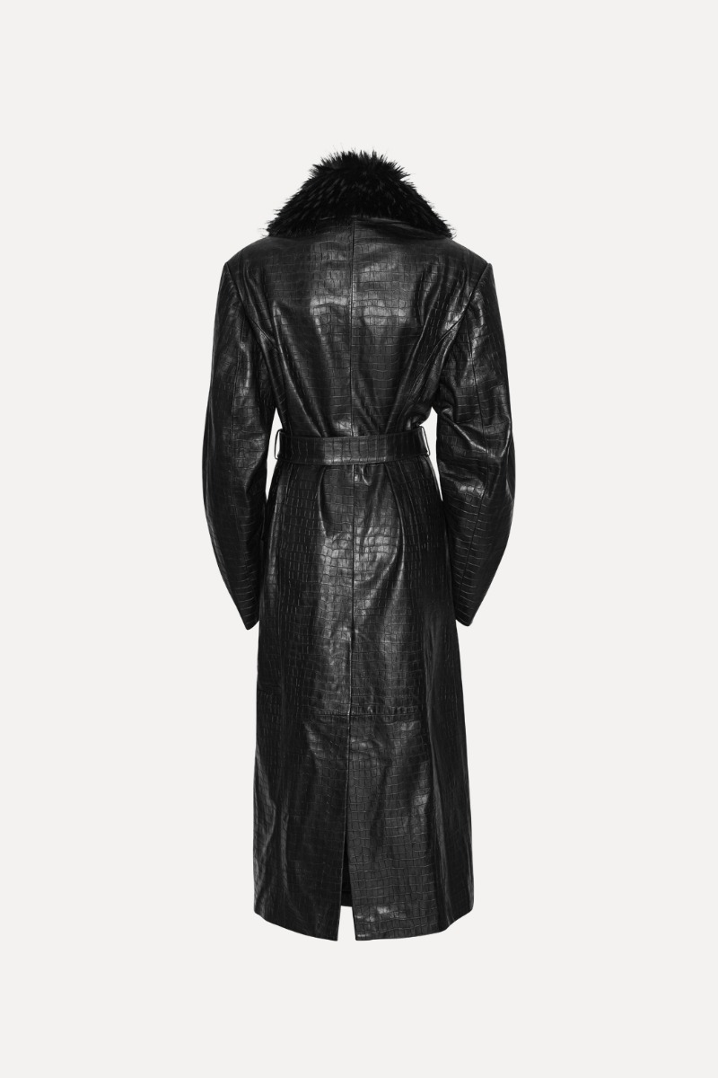 Leather Coat Faux Fur Collar Black - ROTATE Birger Christensen