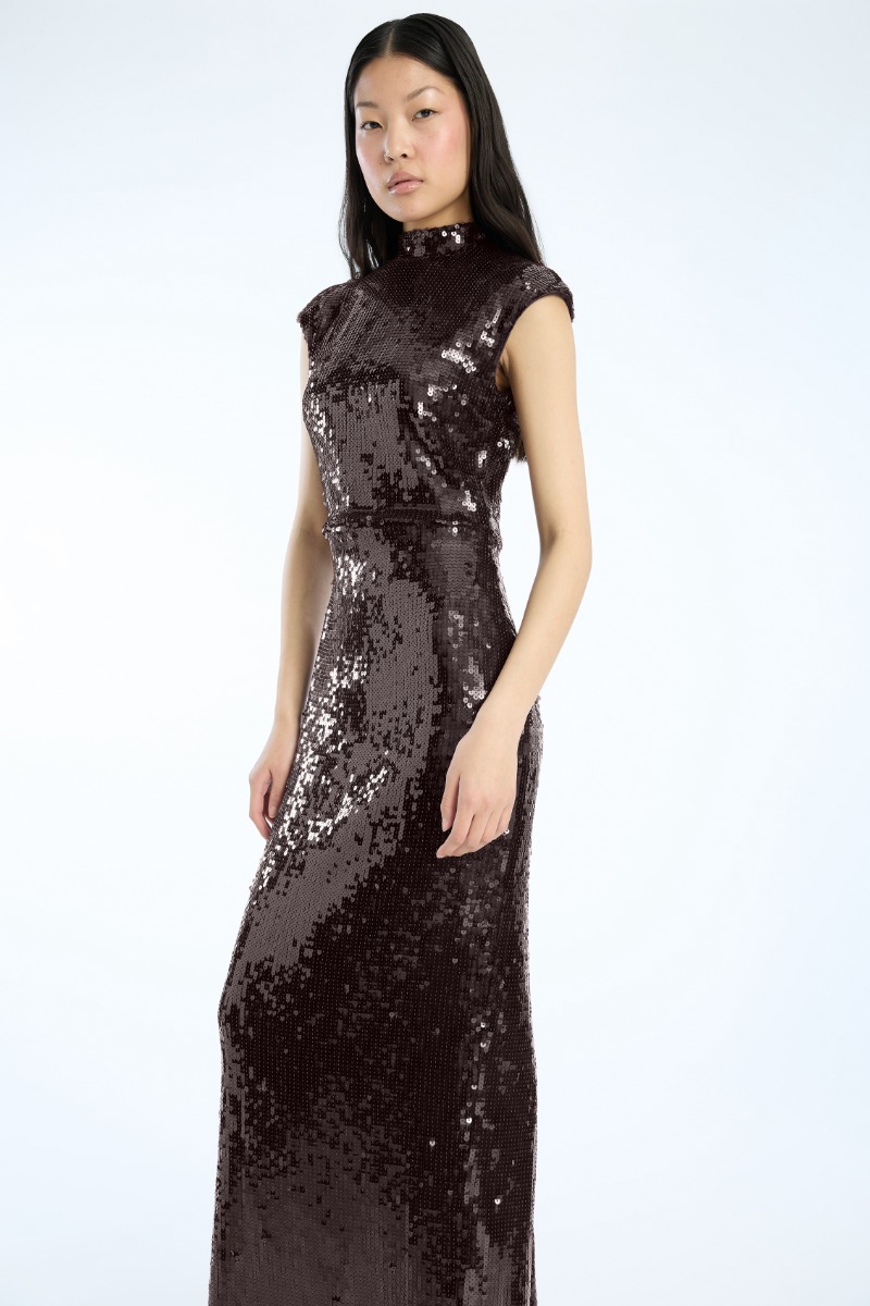 rotate burgundy dress ROTATE Birger Christensen Burgundy Sequin Cap Sleeve Dress
