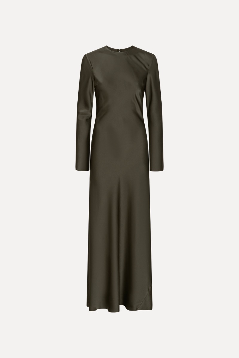 dark green long sleeve long dress Riviera Soft Satin Maxi Gown | Olive | Debs & Prom