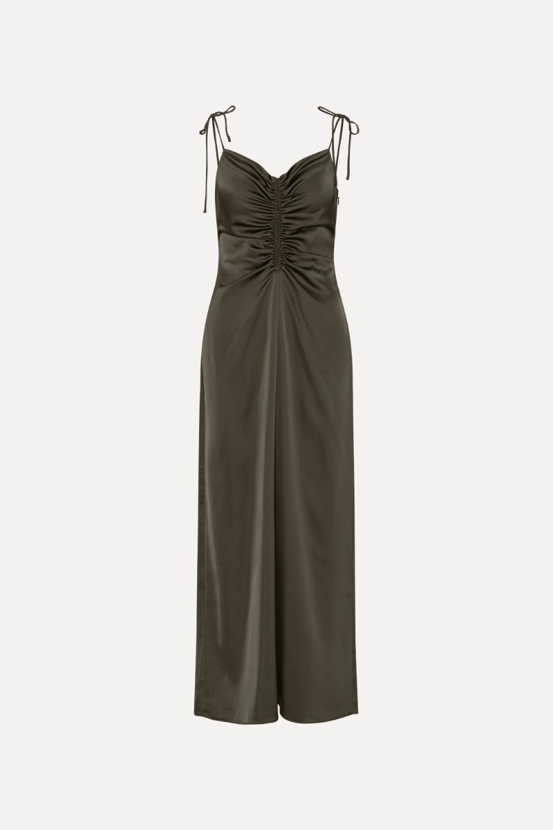 dark green silk slip dress Emerald Satin Maxi Slip Dress with Lace Trim XL / Dark Green