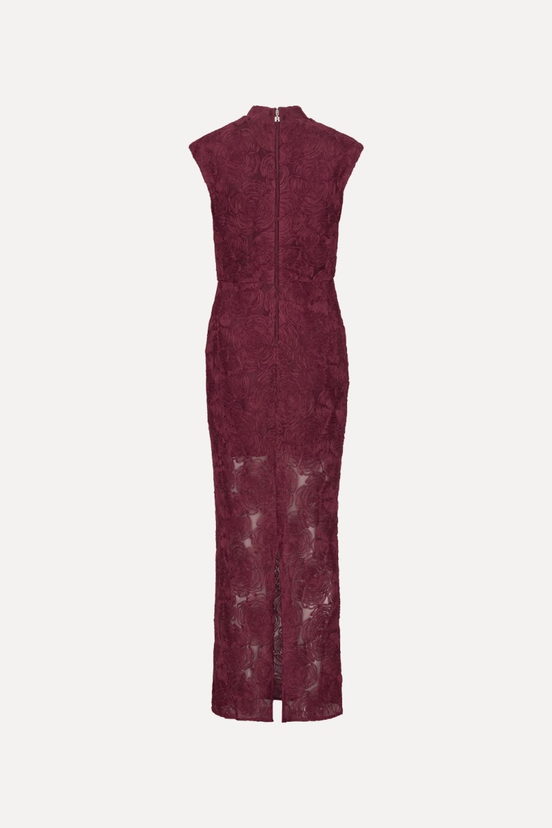 burgundy floral print mesh short sleeve maxi dress Flower Bordeaux and a soft maxi Color:Golden Maroon dress with formalwear Arakii Deep Halter Open