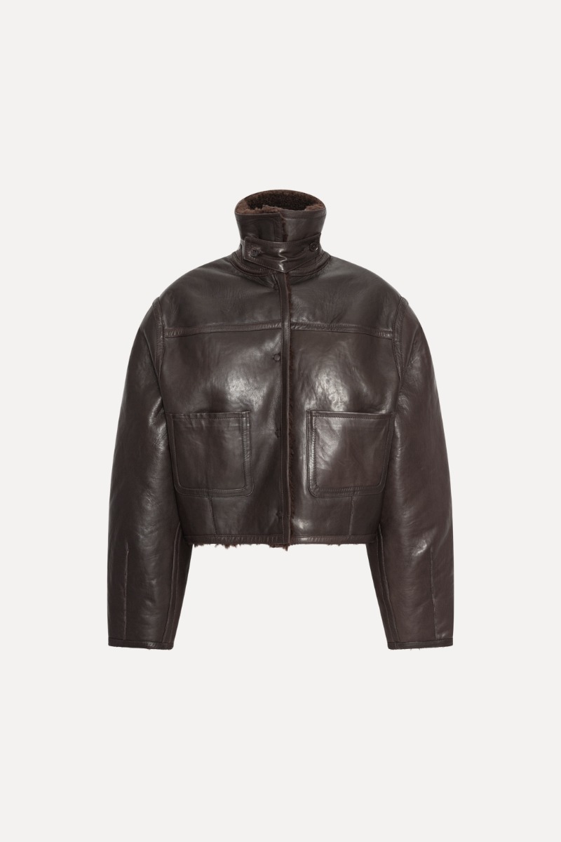 Bonded Fur Leather Jacket Dark Brown - ROTATE Birger Christensen