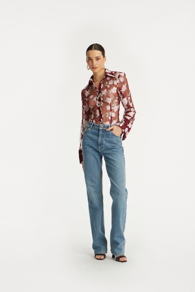 Mesh Fitted Shirt Bordeaux Flower Print - ROTATE Birger Christensen