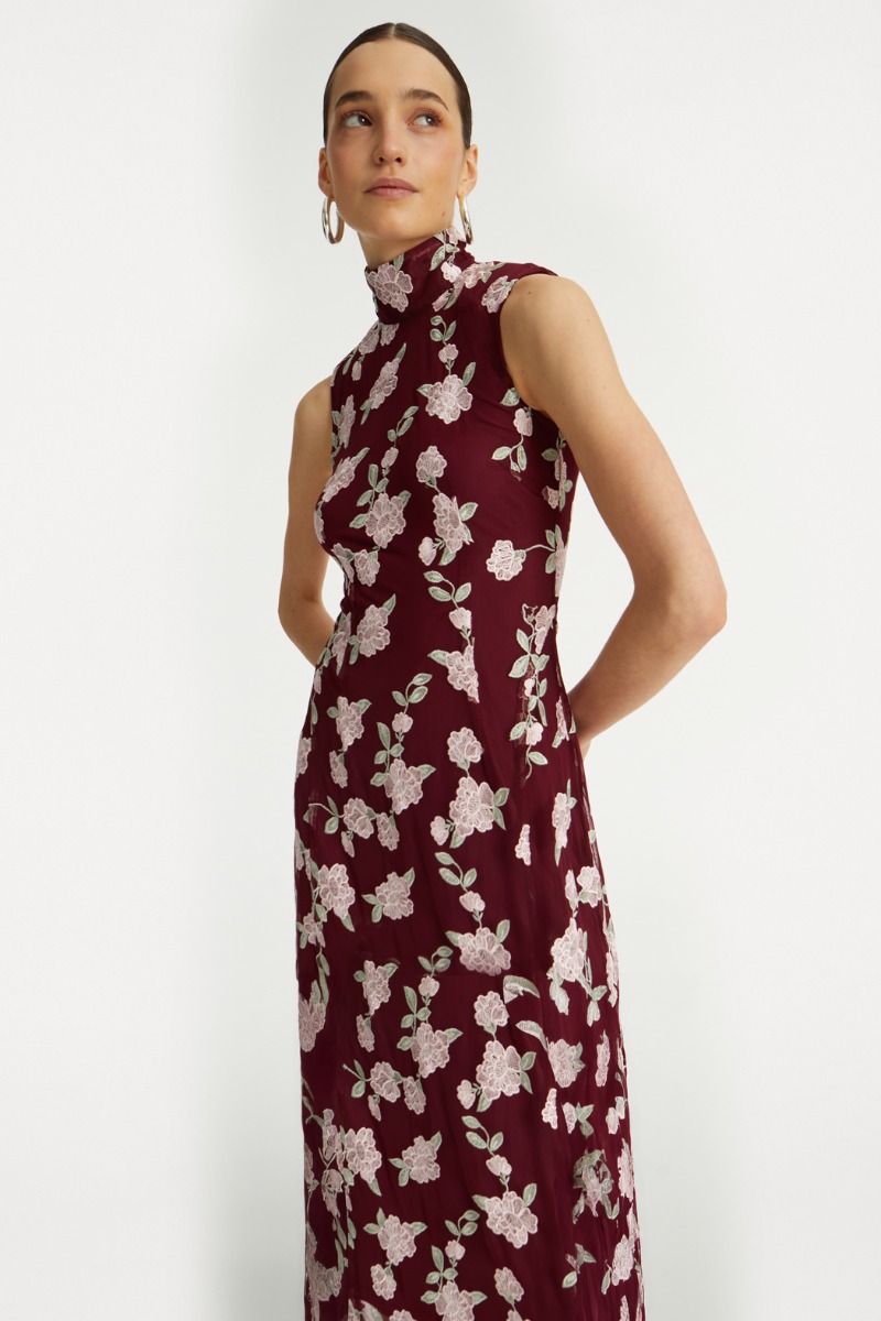 Sleeveless Maxi Dress Bordeaux Flower Print - ROTATE Birger Christensen